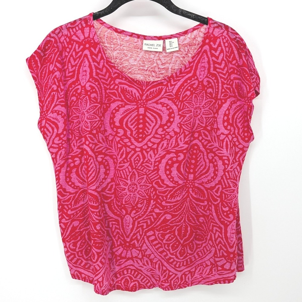 Rachel Zoe Linen Top Womens Large Pink Red Paisley Cap Sleeve Scoop Neck Beach